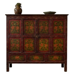 Antique Japanese Wooden Sideboard with Hand-Painted Floral Decorations