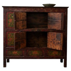 Antique Japanese Wooden Sideboard with Hand-Painted Floral Decorations