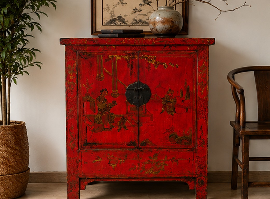 Antique Chinese Red Lacquer Cabinet, circa 1850