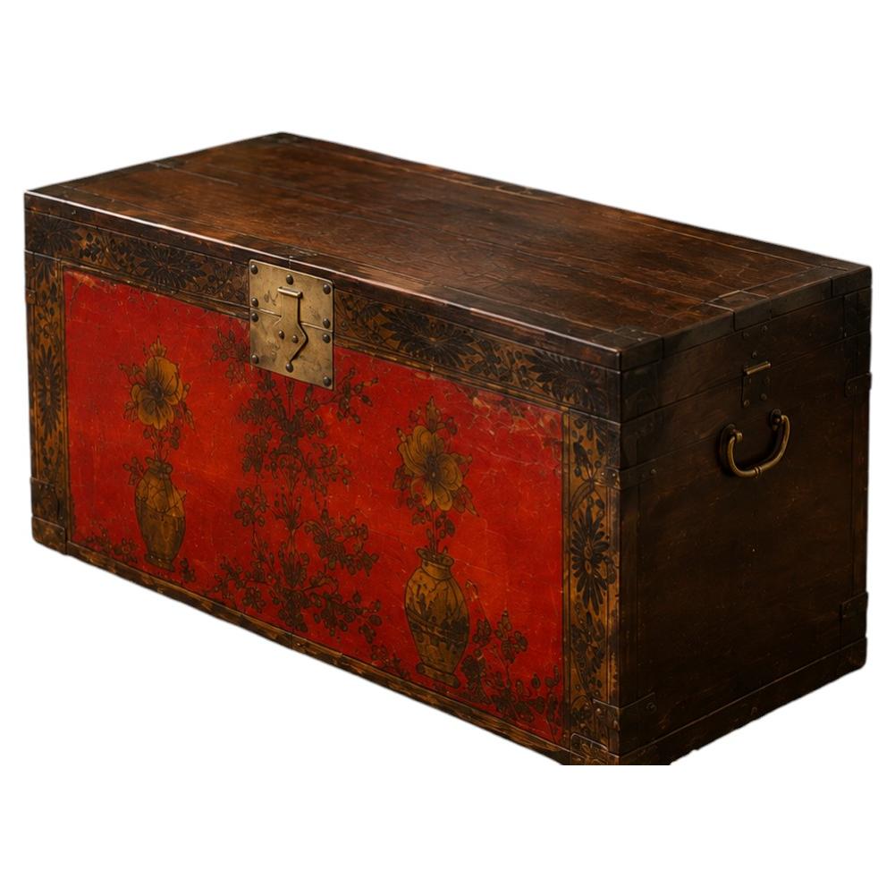 Antique Chinese Red Lacquered Trunk with Hand-Painted Floral Decorations For Sale