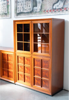 1970s Modular Corner Cabinet in Cherrywood with Glass and Carved Doors – "Fox Hu