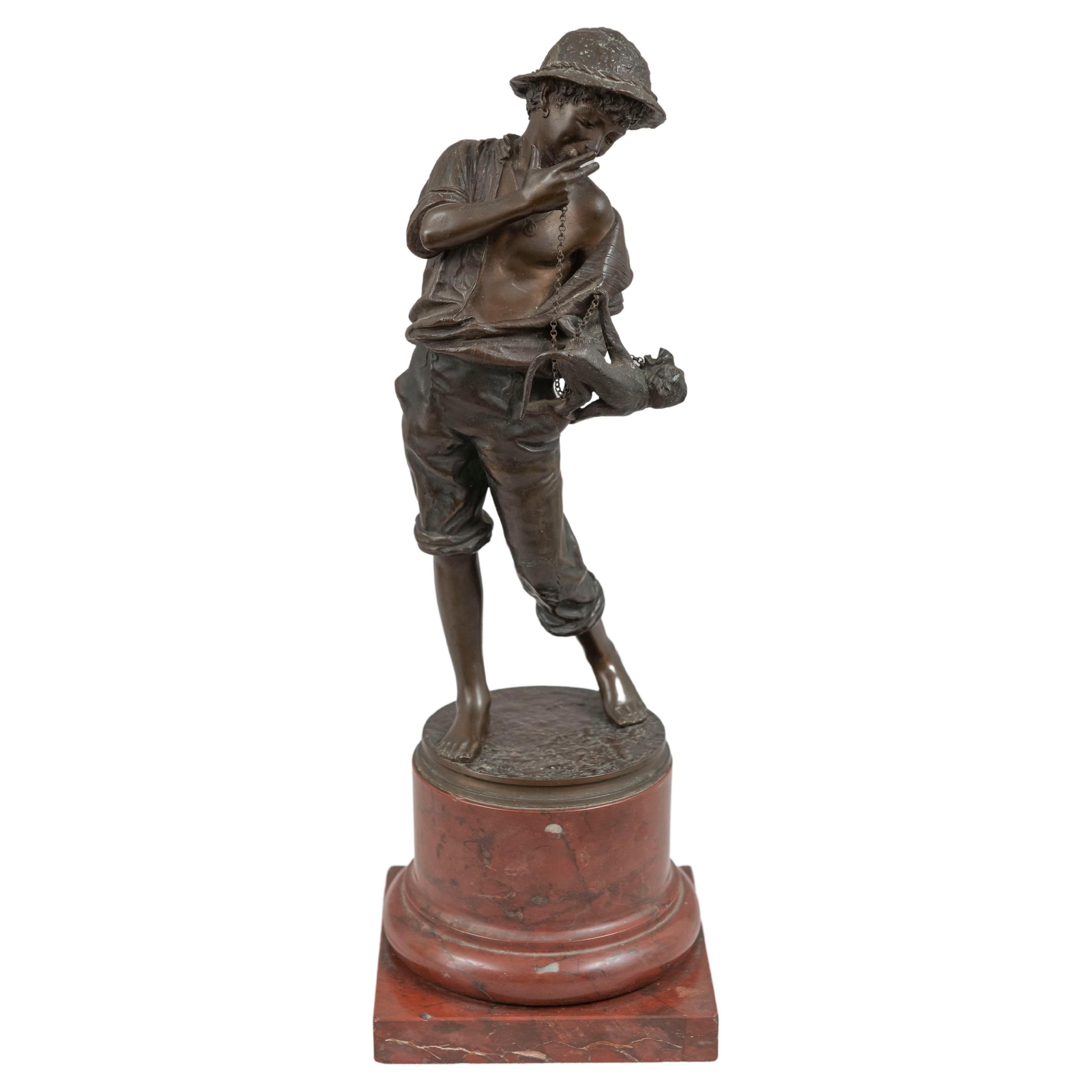 Bronze Group, Young Boy and His Trained Pet Monkey, German, Dated, 1894 For Sale