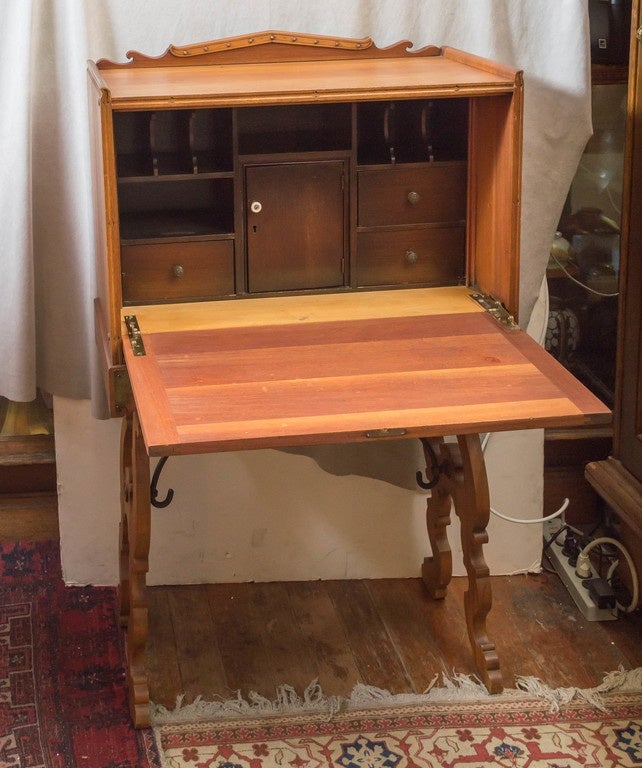 Early 20th Century Unusual Walnut and Marquetry Drop Front Desk