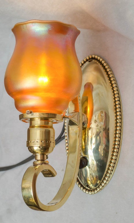 Arts and Crafts Pair of Arts & Crafts Polished Brass Sconces with Handblown Glass Shades
