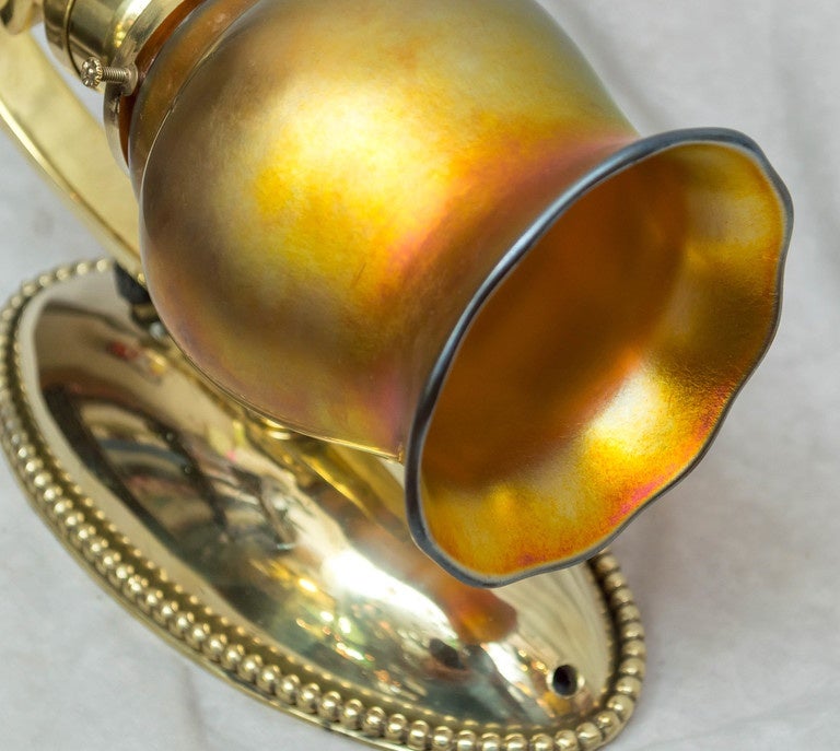 Pair of Arts & Crafts Polished Brass Sconces with Handblown Glass Shades In Excellent Condition In Petaluma, CA