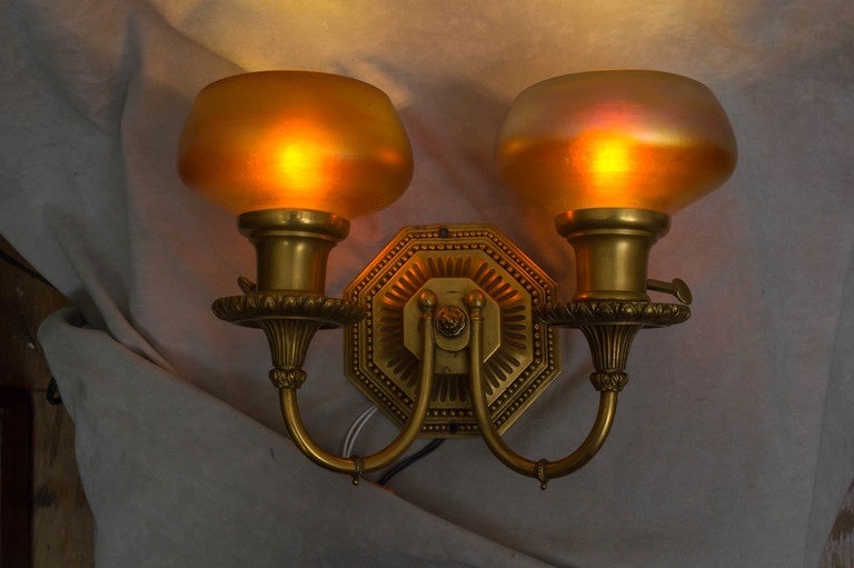 Edwardian Pair of Double-Arm Gilt Bronze and Art Glass Sconces by Caldwell