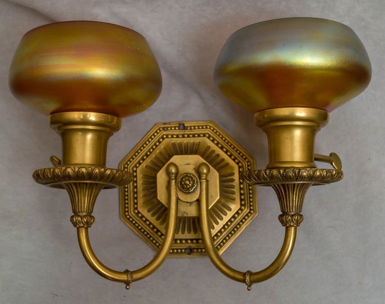 American Pair of Double-Arm Gilt Bronze and Art Glass Sconces by Caldwell