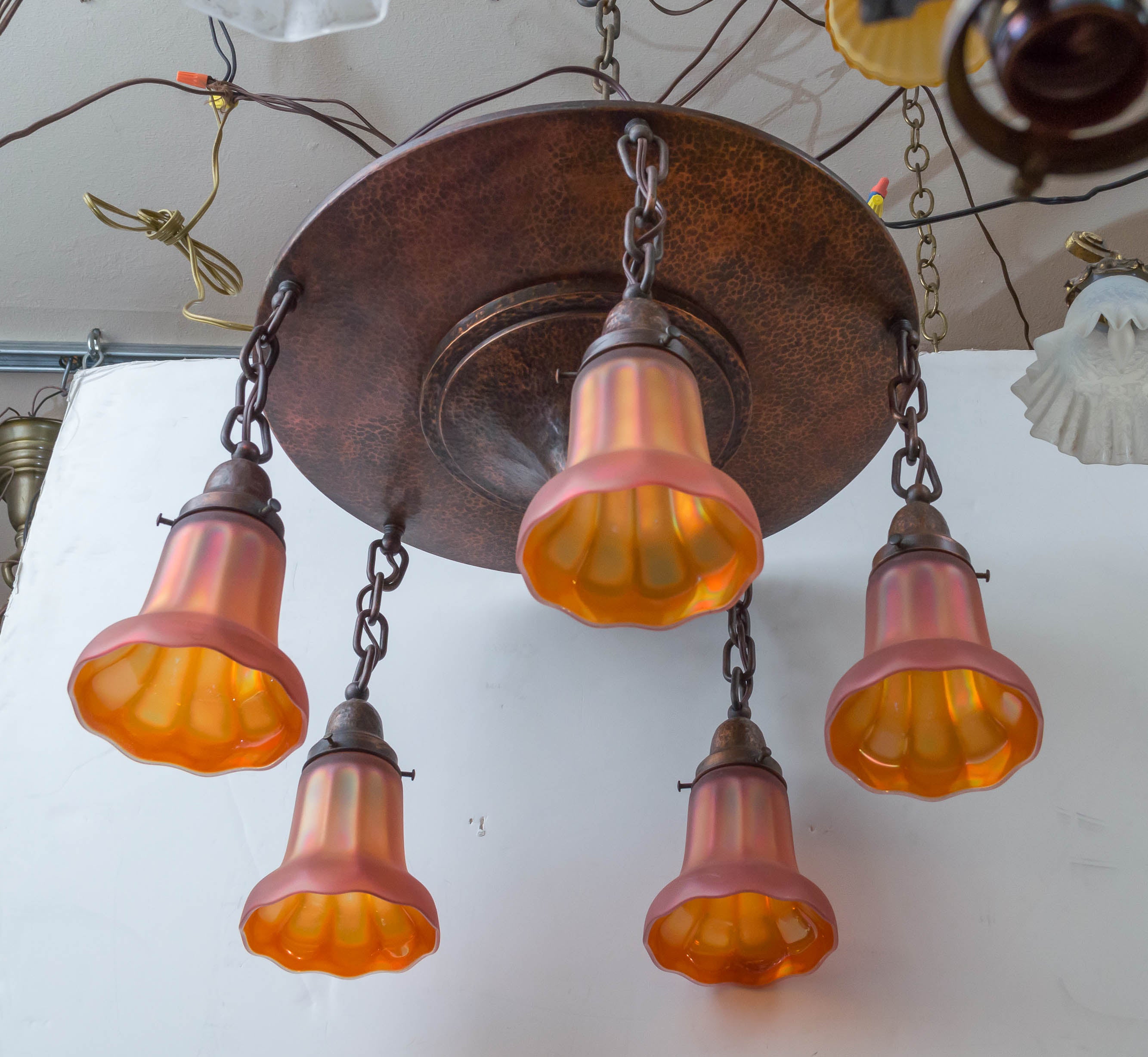 Arts 
Crafts Hammered Copper Flush Mount Chandelier with Signed Shades