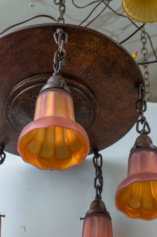 Arts & Crafts Hammered Copper Flush Mount Chandelier with Signed Shades
