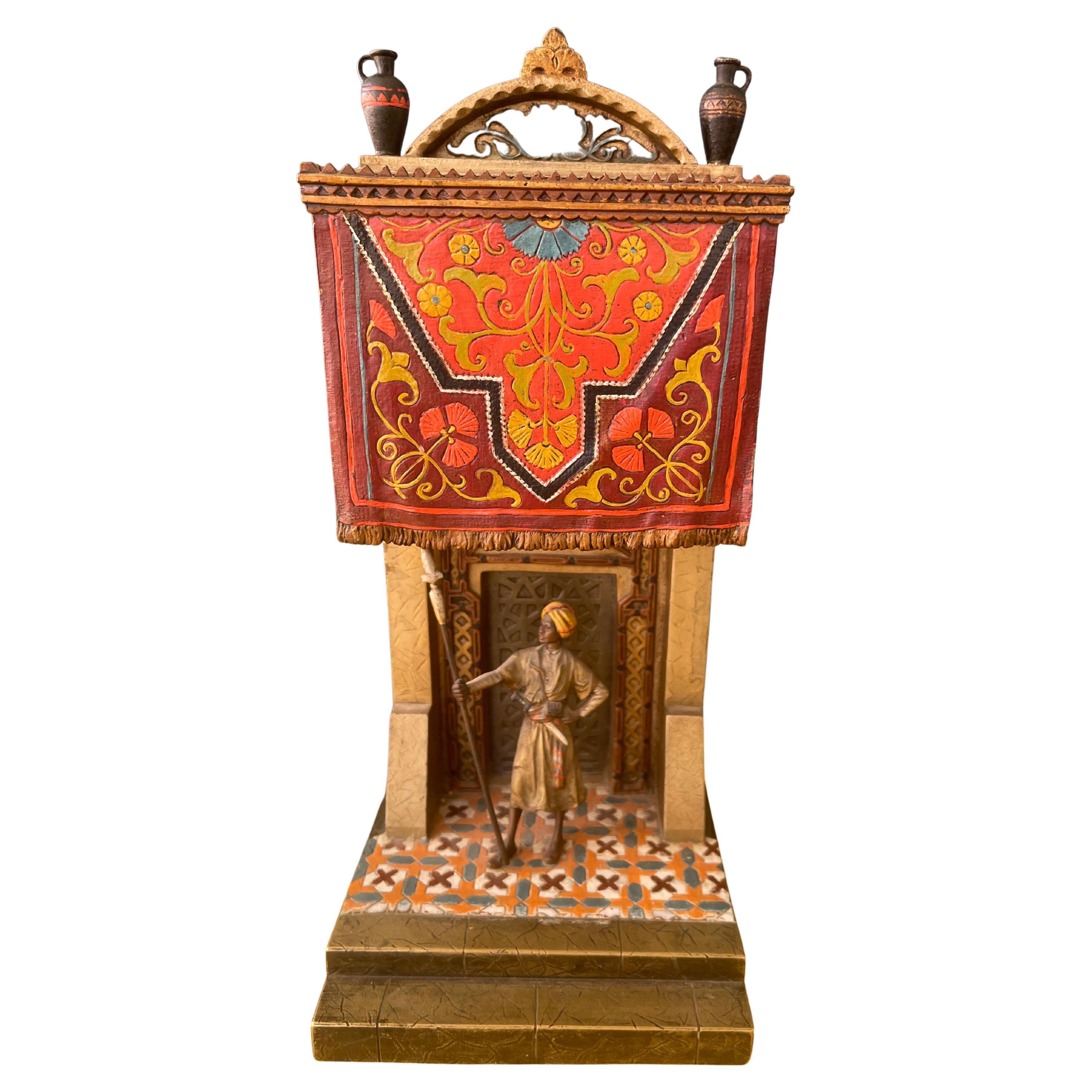 Orientalist Cold Painted Vienna Bronze Lamp, Guard & Palace, Signed "Chotka" For Sale