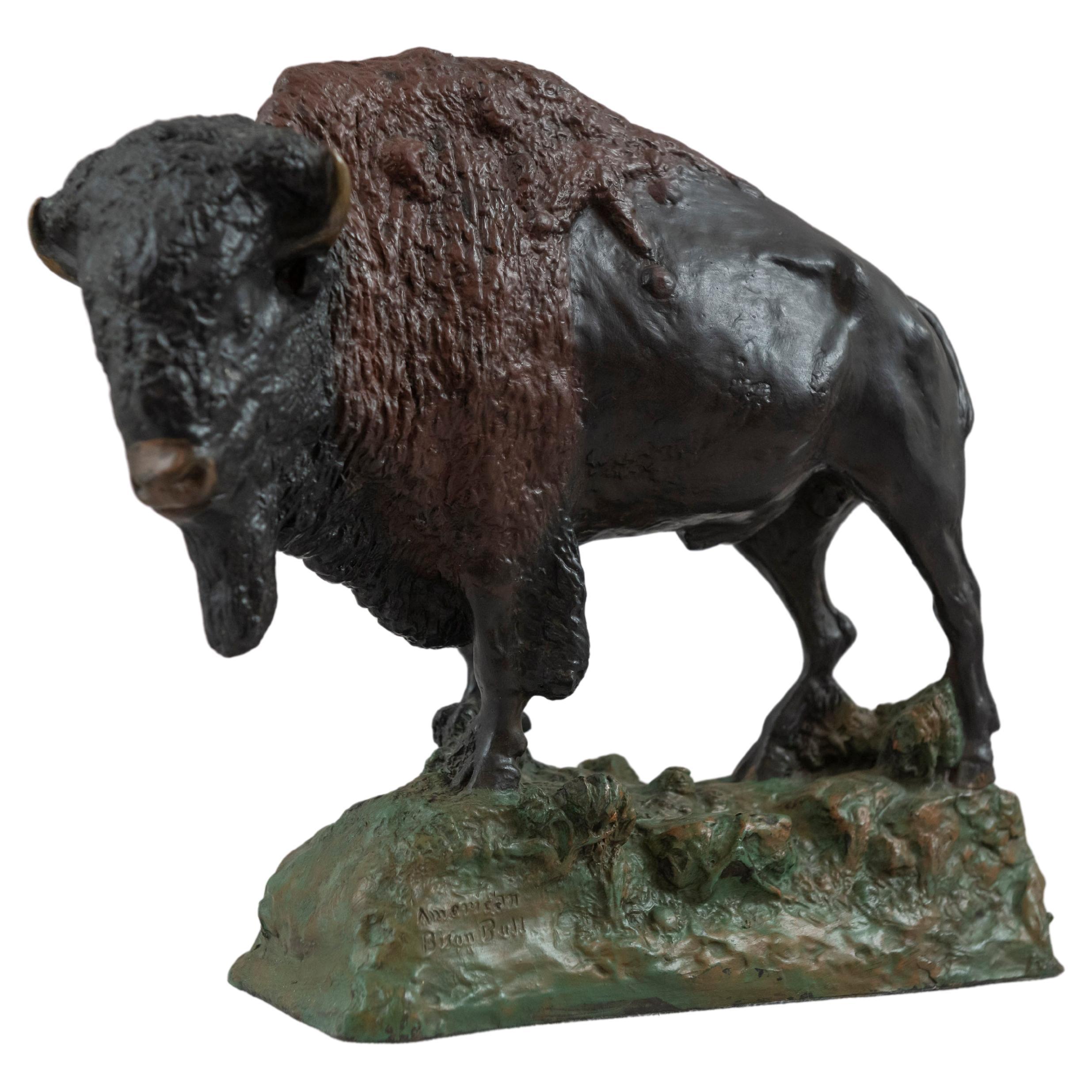 American Polychrome Bronze Bison, Artist Signed, Dated 1914 For Sale