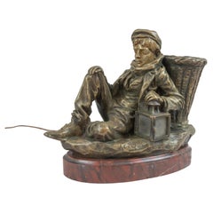 Antique French Bronze of a Seated Boy w/ Lit Lantern, Signed J. Cardona '1878-1923'