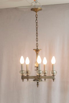 Lampadario a 5 luci di metà secolo, vetro e lastre d'argento, 1940 ca.