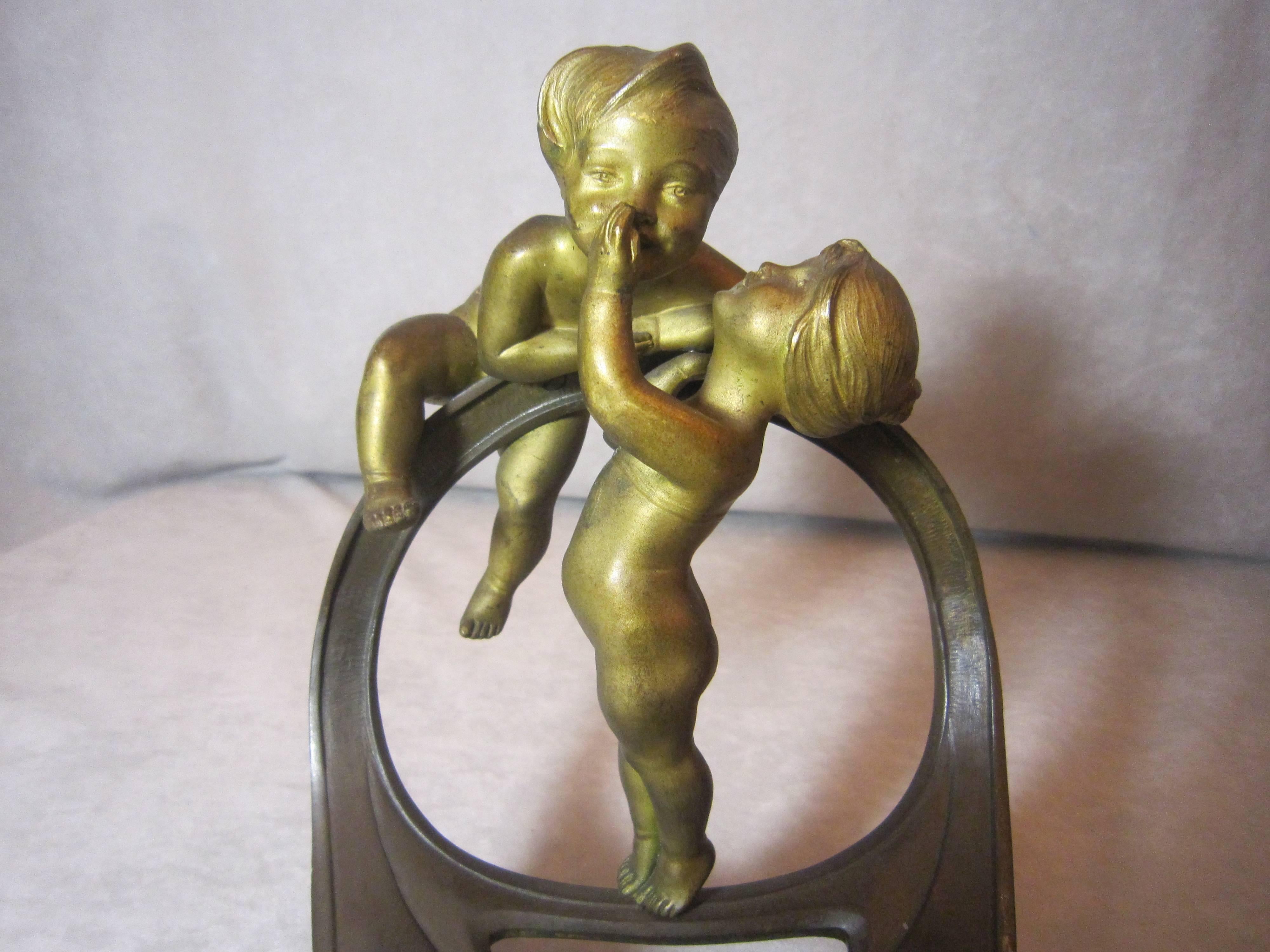 French Art Nouveau Gilt Bronze and Patinated Inkwell with Children