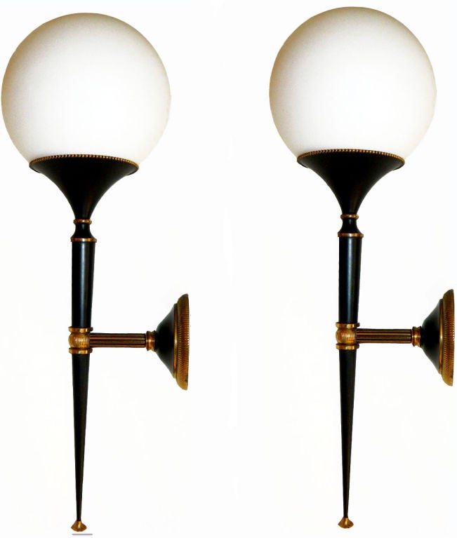 2 pairs available of very elegant sconces designed by Jansen with original round opaline shades (5