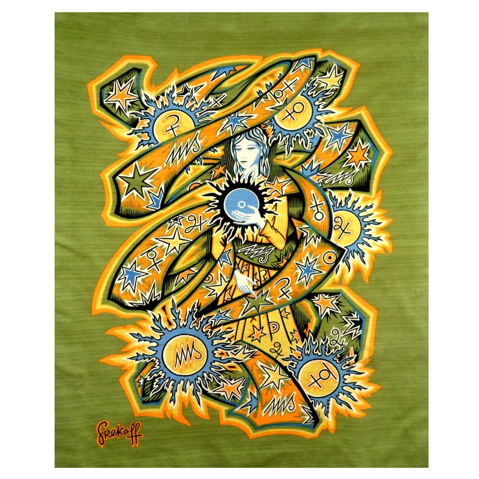 Original Marked Elie Grekoff Cotton & Wool Textile Tapestry France 1950