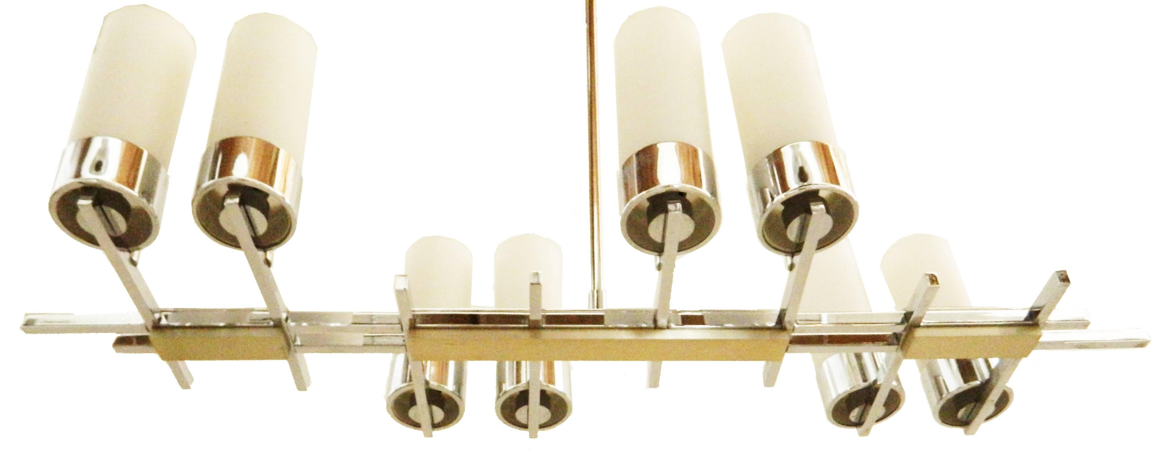 Mid-Century Modern Jacques Adnet Eight Light Chandelier Chrome & Opaline Glass Shades French  For Sale