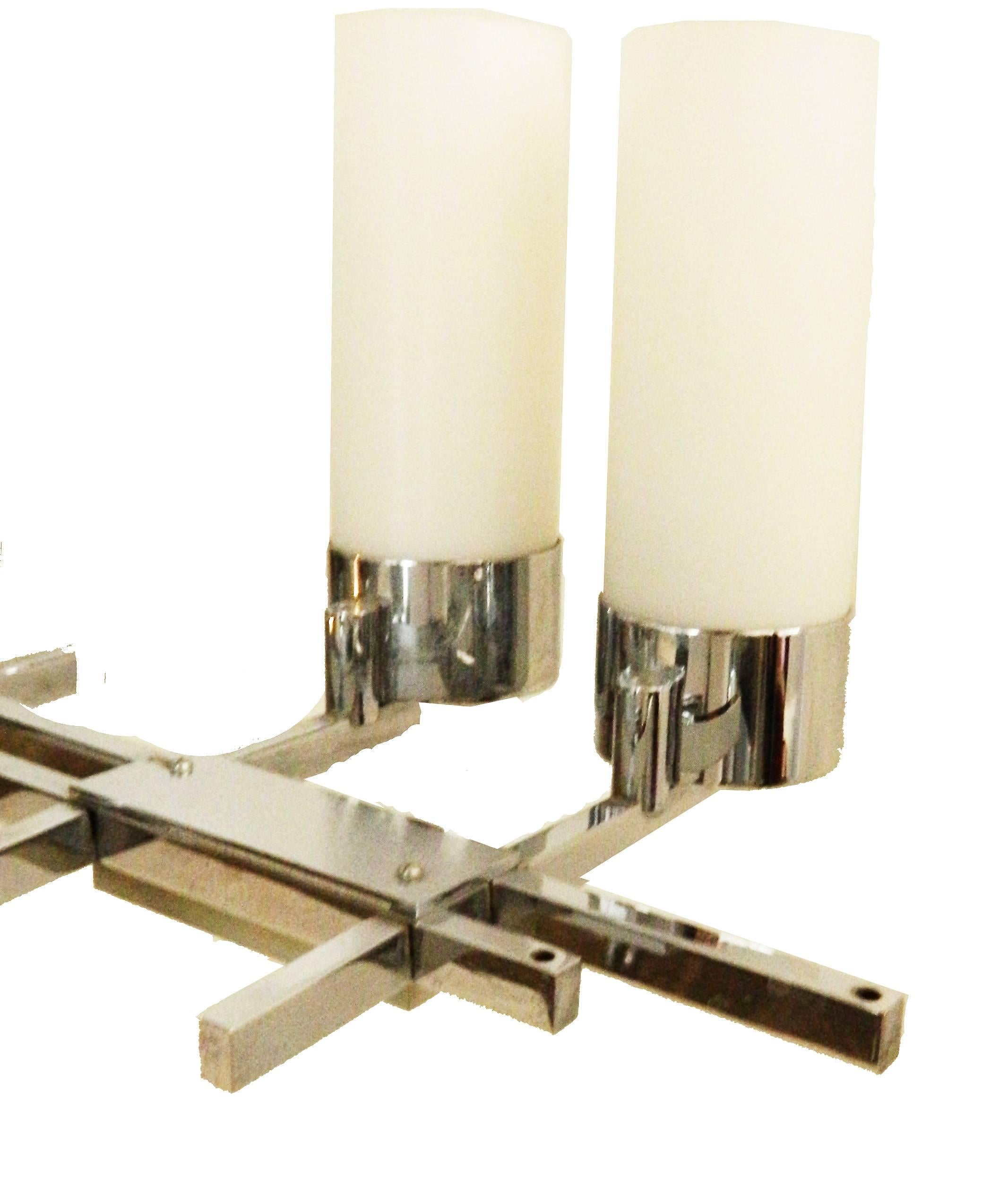 Hand-Crafted Jacques Adnet Eight Light Chandelier Chrome & Opaline Glass Shades French  For Sale