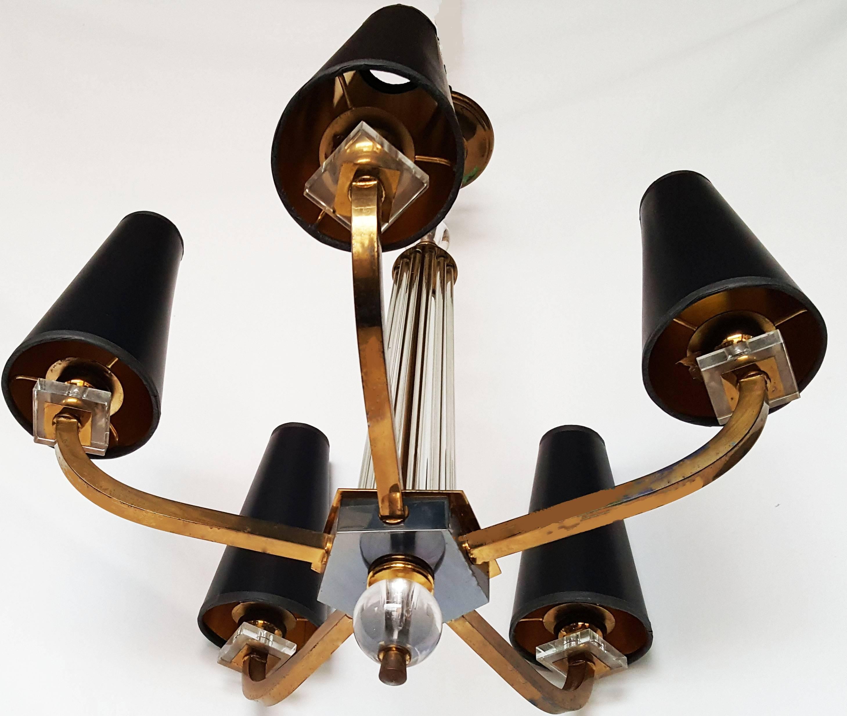 Mid-Century Modern Pair of 5-light Jacques Adnet Chandeliers