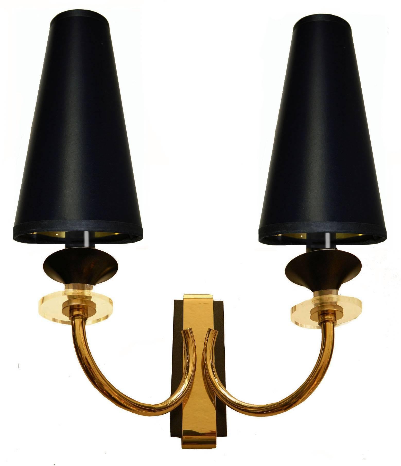 Mid-Century Modern Maison Jansen style Sconces, Wall Lights Brass & Lucite mid century modern Pair  For Sale