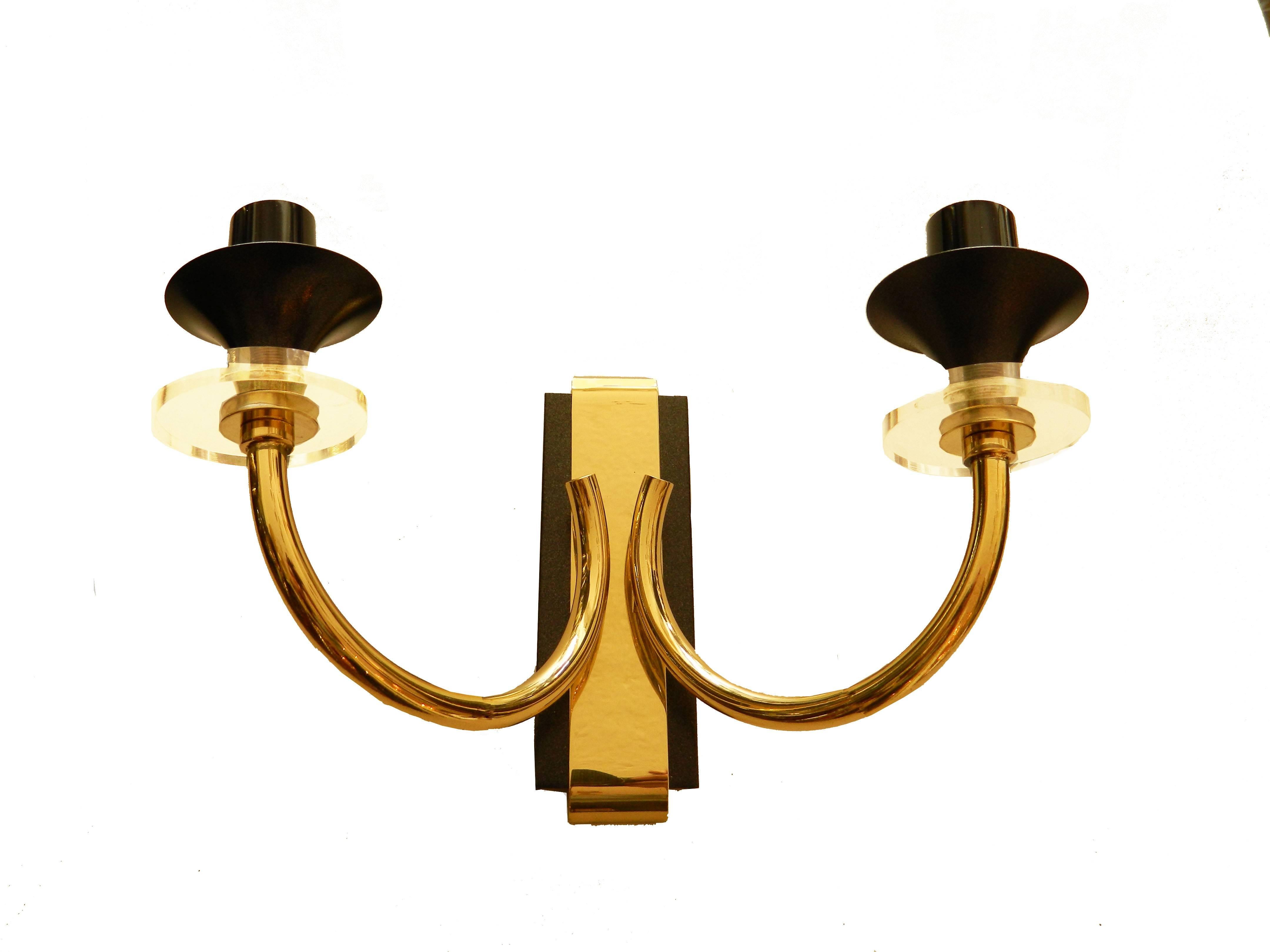 French Maison Jansen style Sconces, Wall Lights Brass & Lucite mid century modern Pair  For Sale