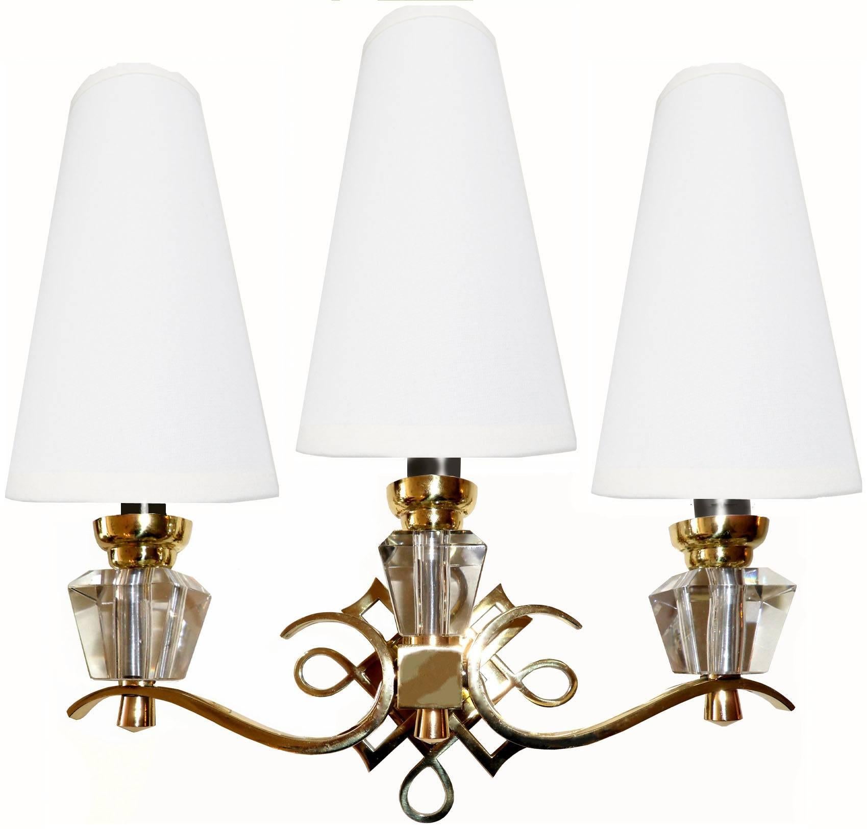 Mid-Century Modern Polished Brass & Faceted Glass French Sconces in the Style of Jules Leleu - Pair For Sale