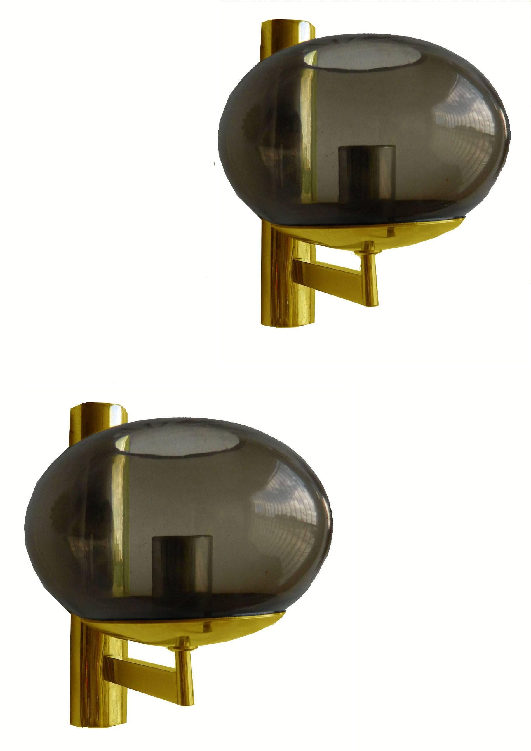 Modernist Italian Sconces Sciolari In Chrome Or Brass Smoked Glass Shades - Pair In Good Condition For Sale In Miami, FL