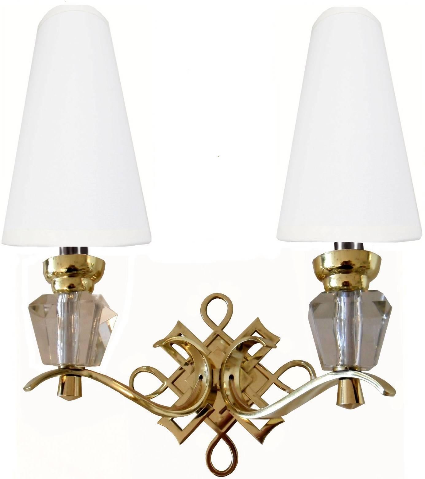 French Wall Sconces Polished Brass & Glass Jules Leleu Style - Pair 4 available For Sale 4