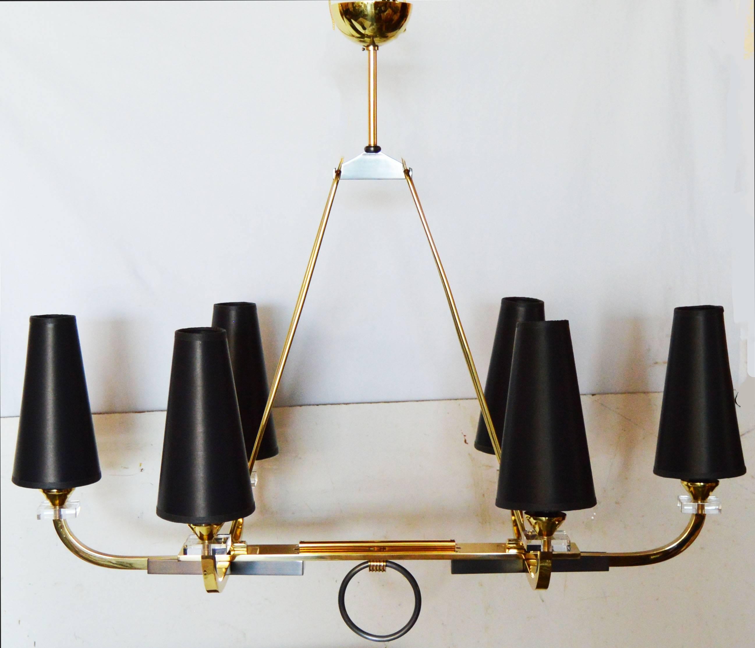 Jacques Adnet Six-Light Chandelier, pair available In Excellent Condition In Miami, FL