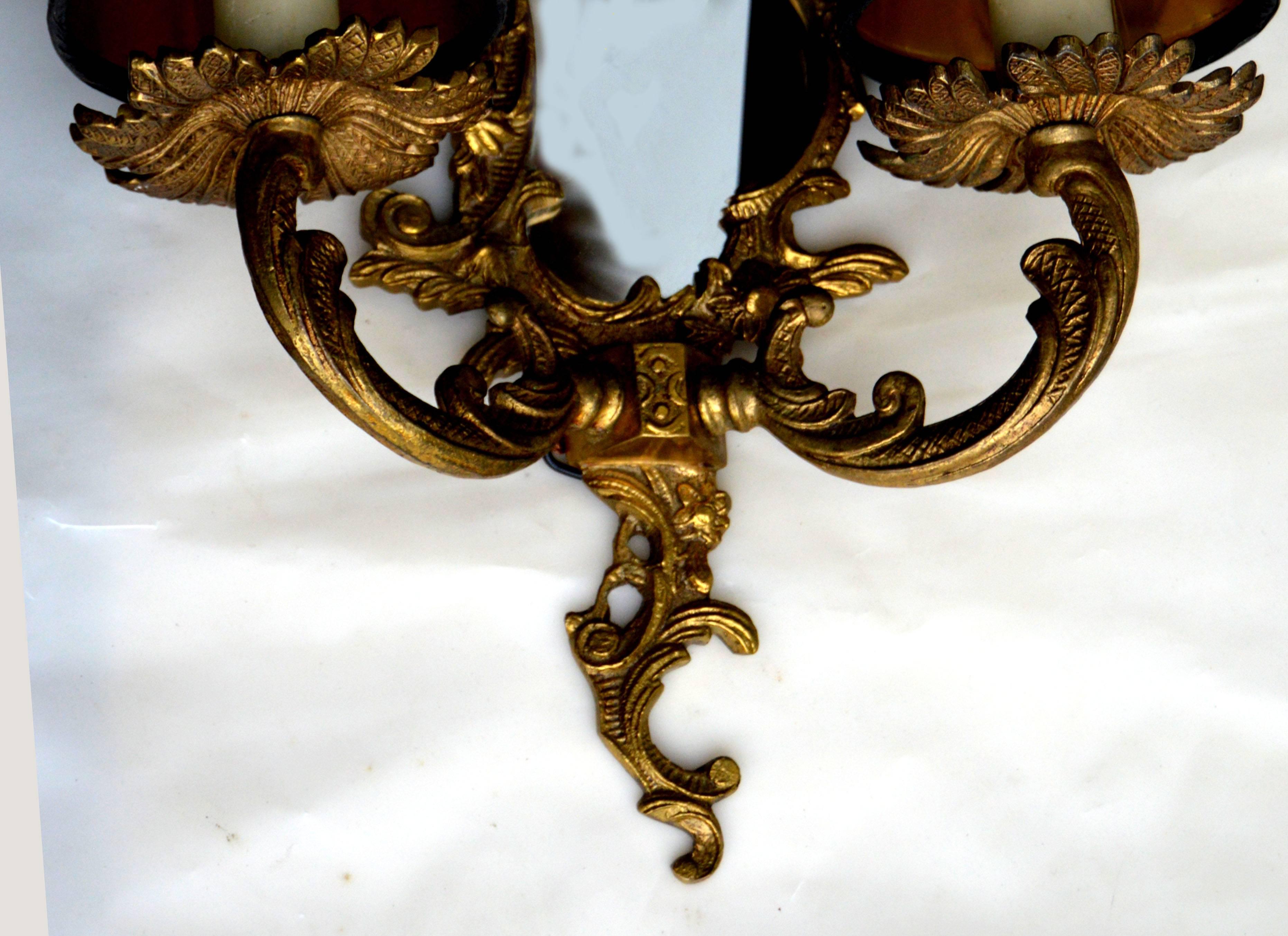 Pair of Louis XV Style Bronze and Mirrors Sconces In Excellent Condition In Miami, FL