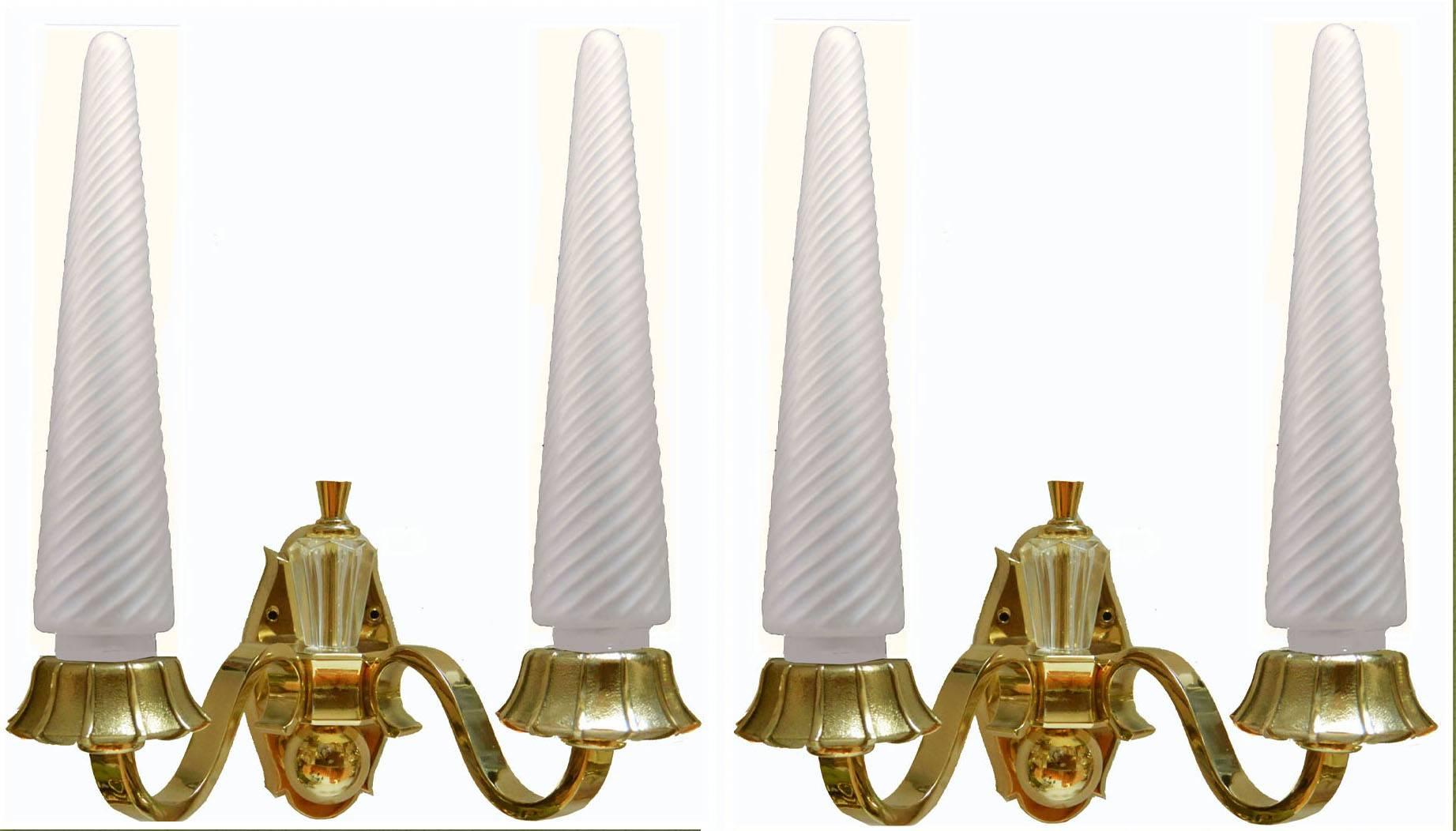Brass Maison Sabino and Cristallerie de Sèvres Pair of Sconces For Sale