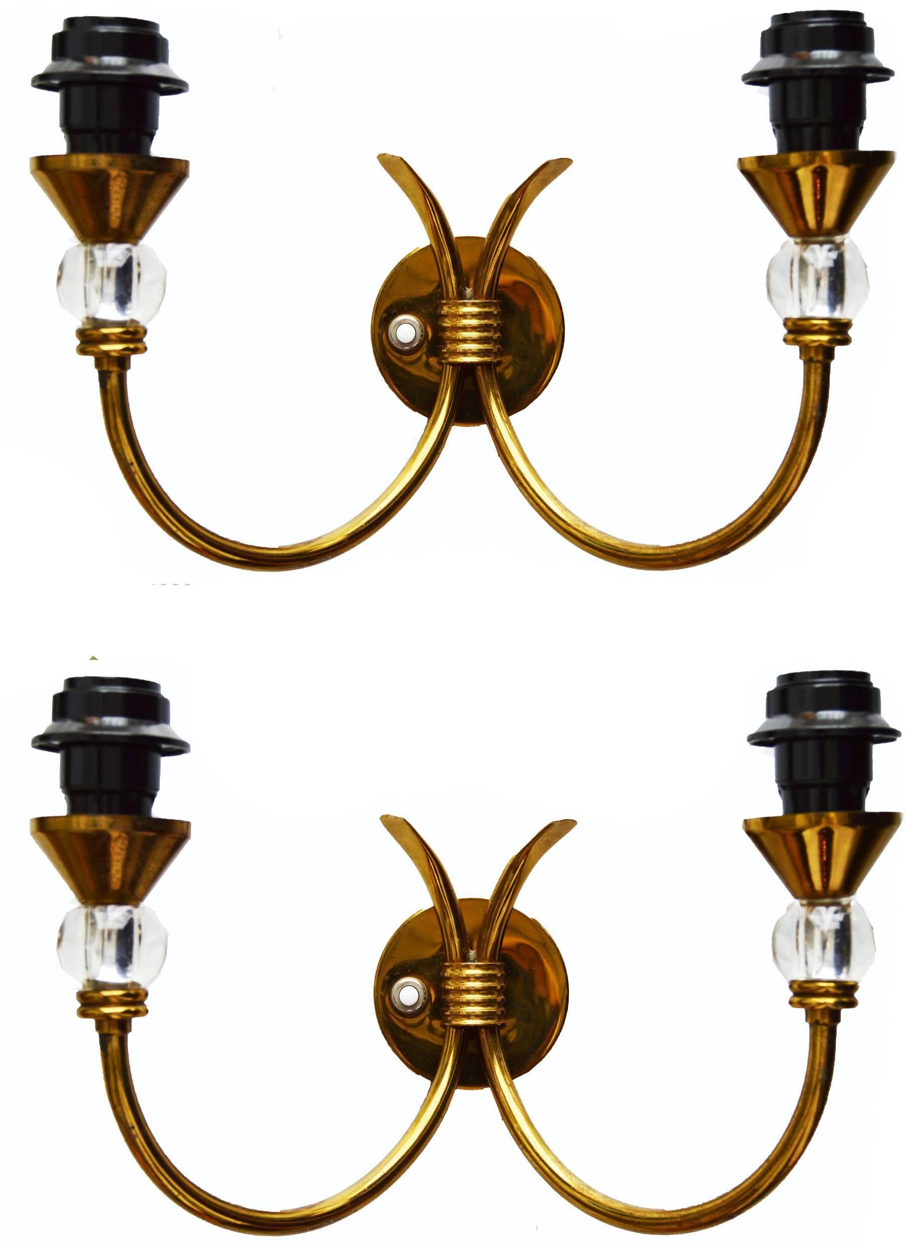 Pair of sconces by Maison Lunel.
US rewired and in working condition.
Two lights , 75 watt per bulb.
back plate ; 2.3/4 Diameter
Without shades : 6.5"H, 9"W, 6"D
