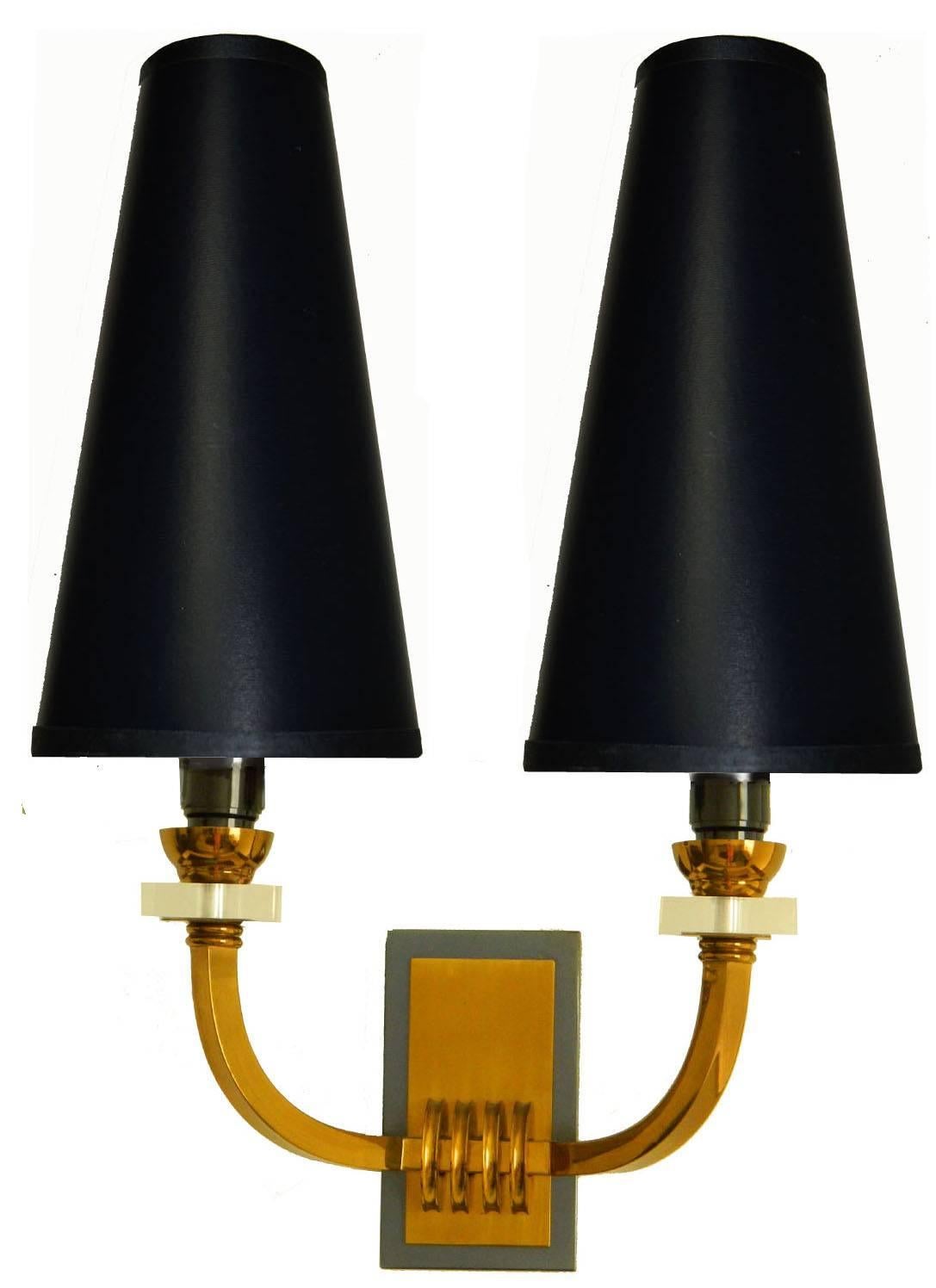 French pairs of Jacques Adnet  style Wall Sconces Art Deco France For Sale