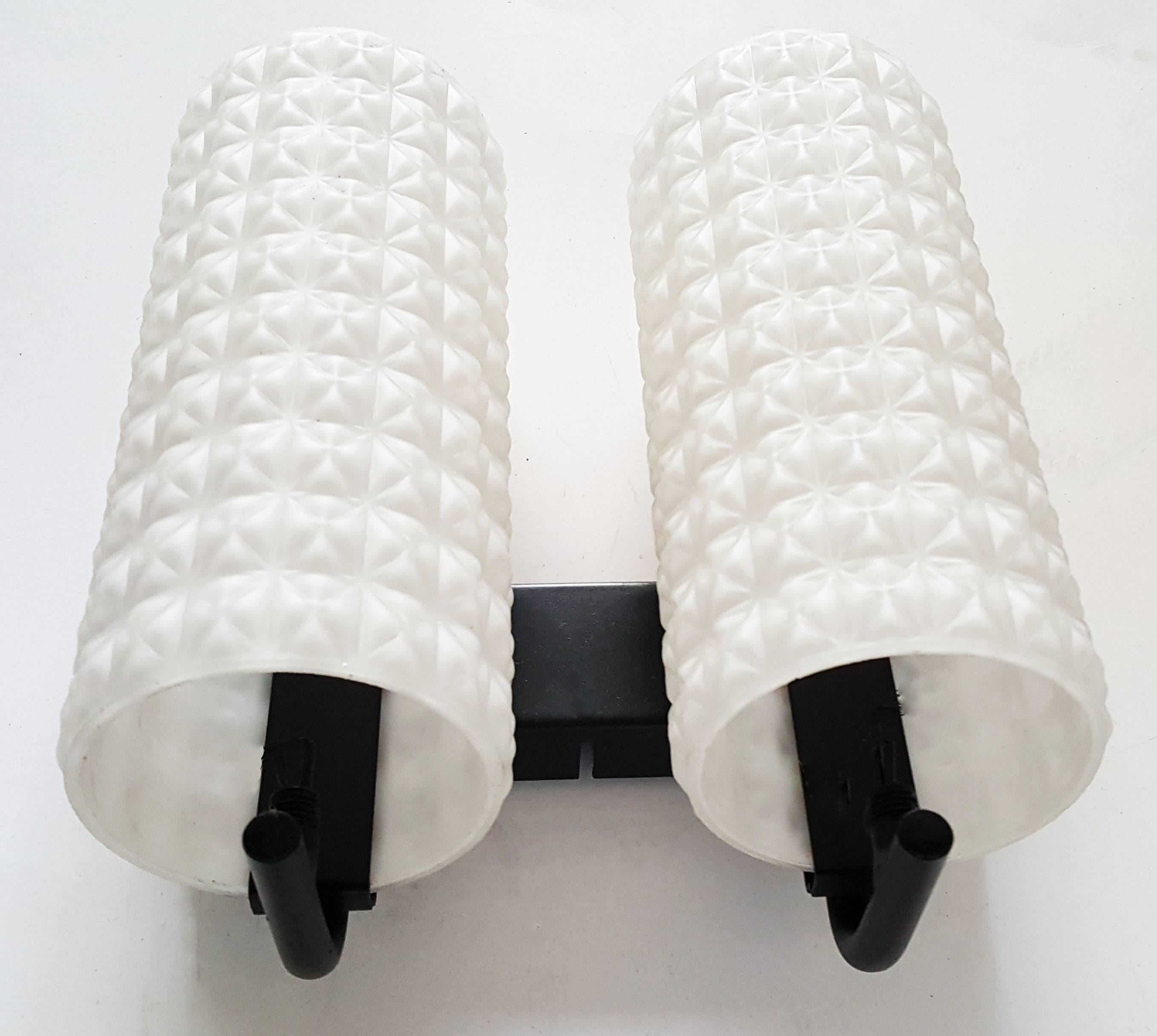 Pair of two-light modernist French sconces
Back plate dimension: 1 3/4 high 8 inches long.