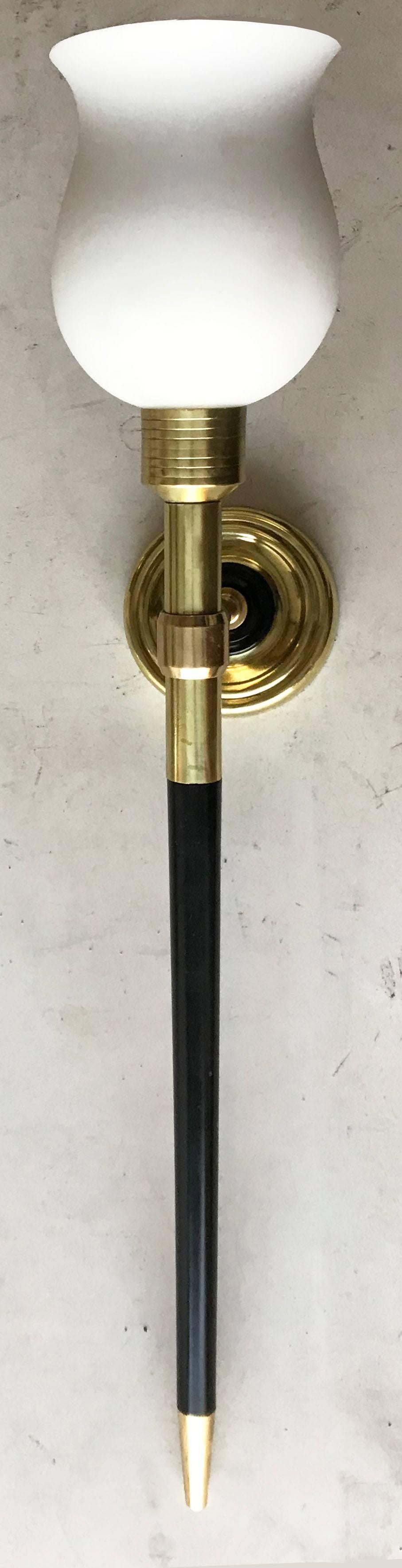 Superb Pair of Maison Jansen Sconces , Brass and Black Lacquered .
US Rewired and in Working condition 
1 Light , 65 watts light Max bulb

Back Plate : 4 inches Diameter