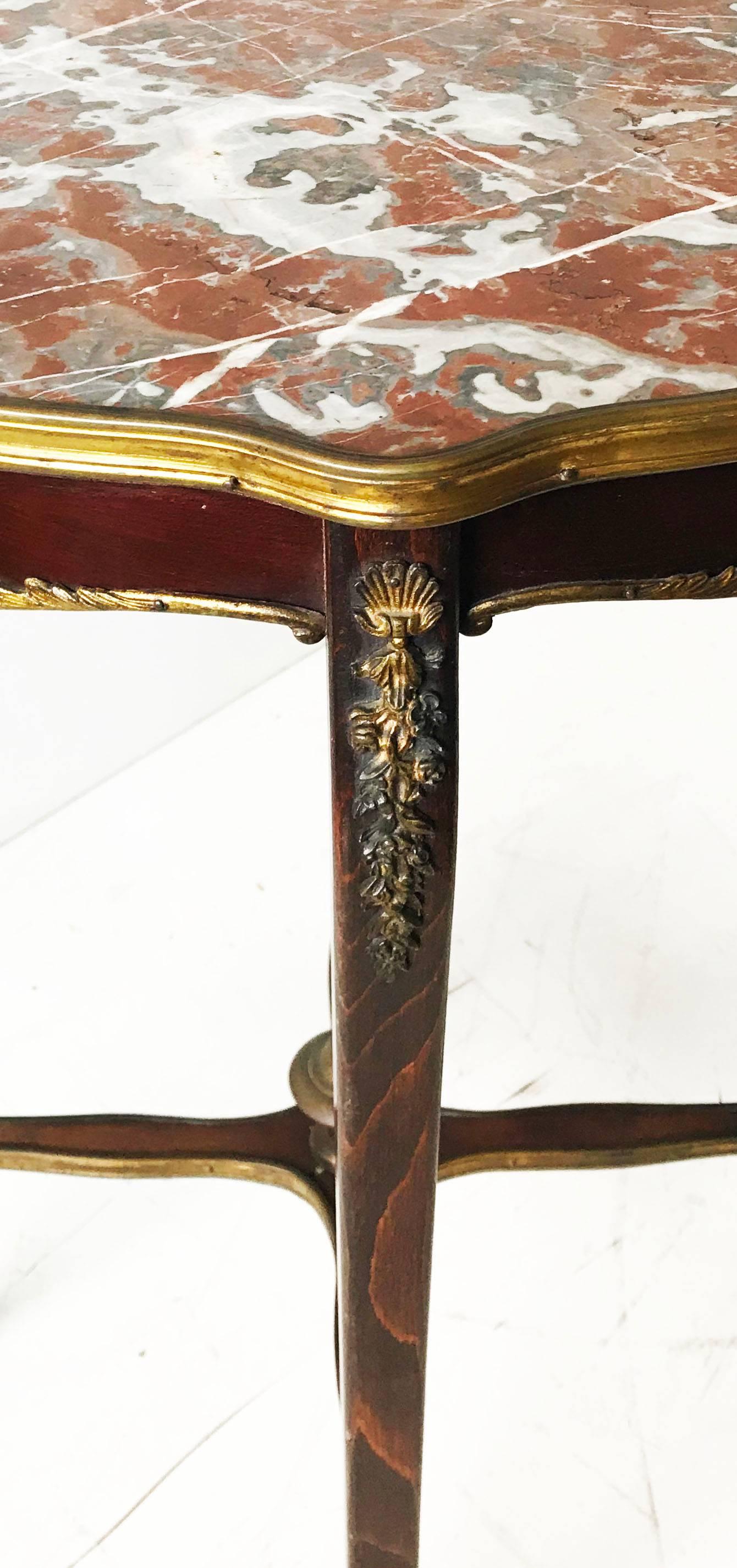 Hand-Carved Louis XV Style Marble-Top Guéridon, Center Table Walnut Wood & Griotte Marble For Sale