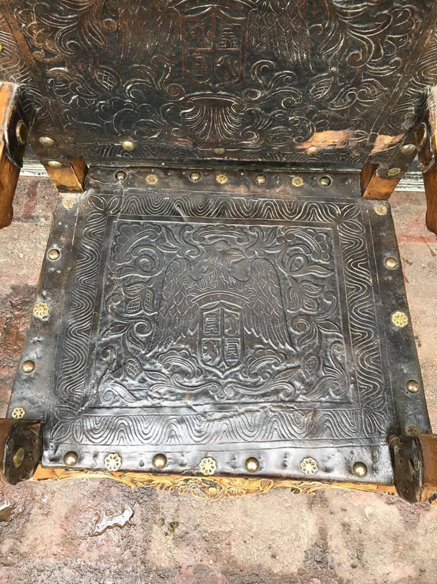 Carved 18th Century Peruvian Spanish Colonial Armchair Wood with Tooled Leather For Sale