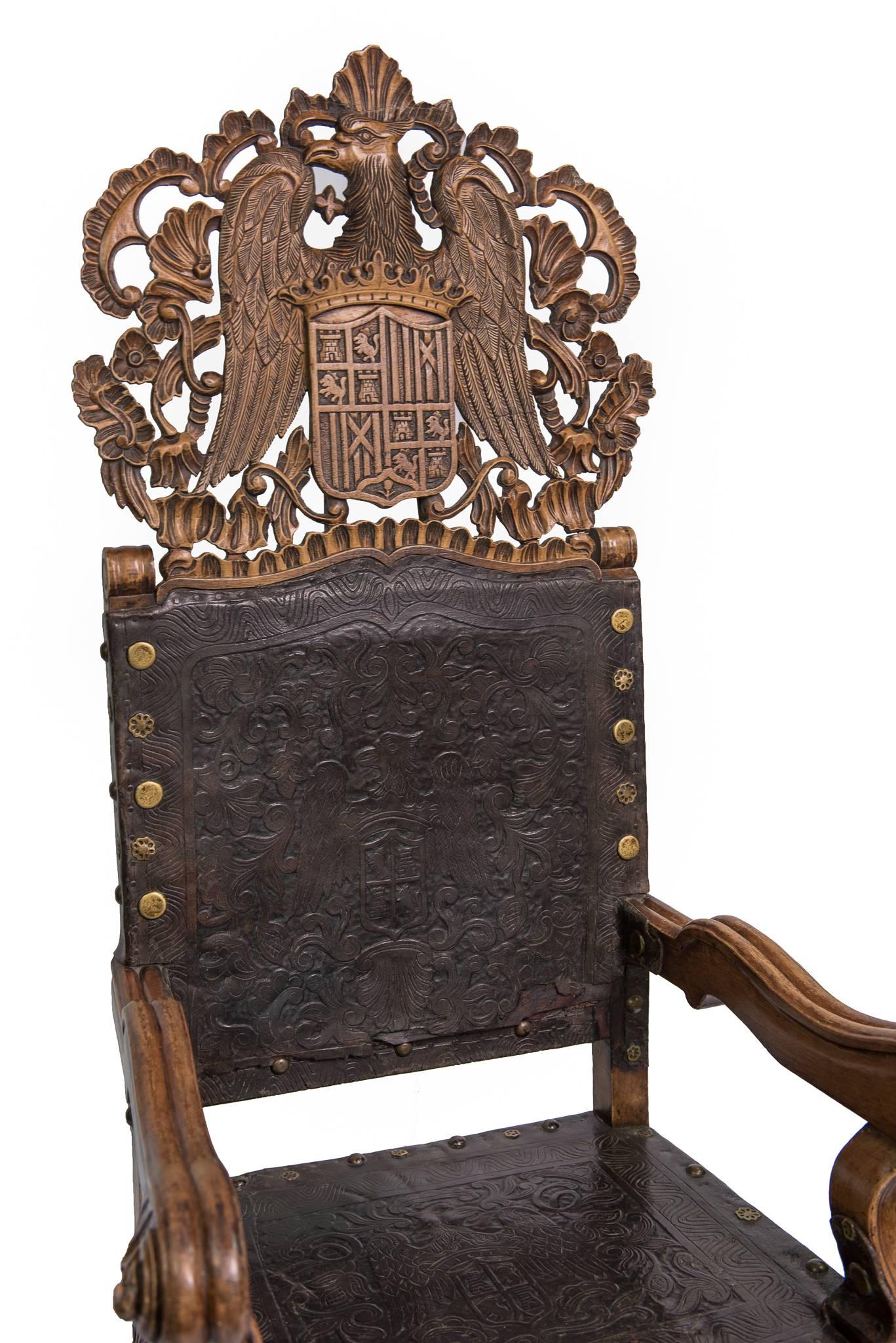 18th Century Peruvian Spanish Colonial Armchair Wood with Tooled Leather For Sale 3