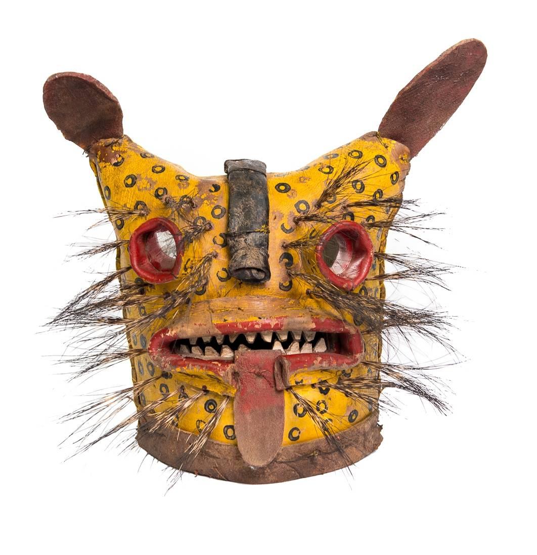 These masks depict jaguars and tigers used in ceremonies dedicated to a combative nature of feline/canine dances. Also used to enhance fertility and agriculture success.
They are made of leather so they are like helmets to wear as there would be