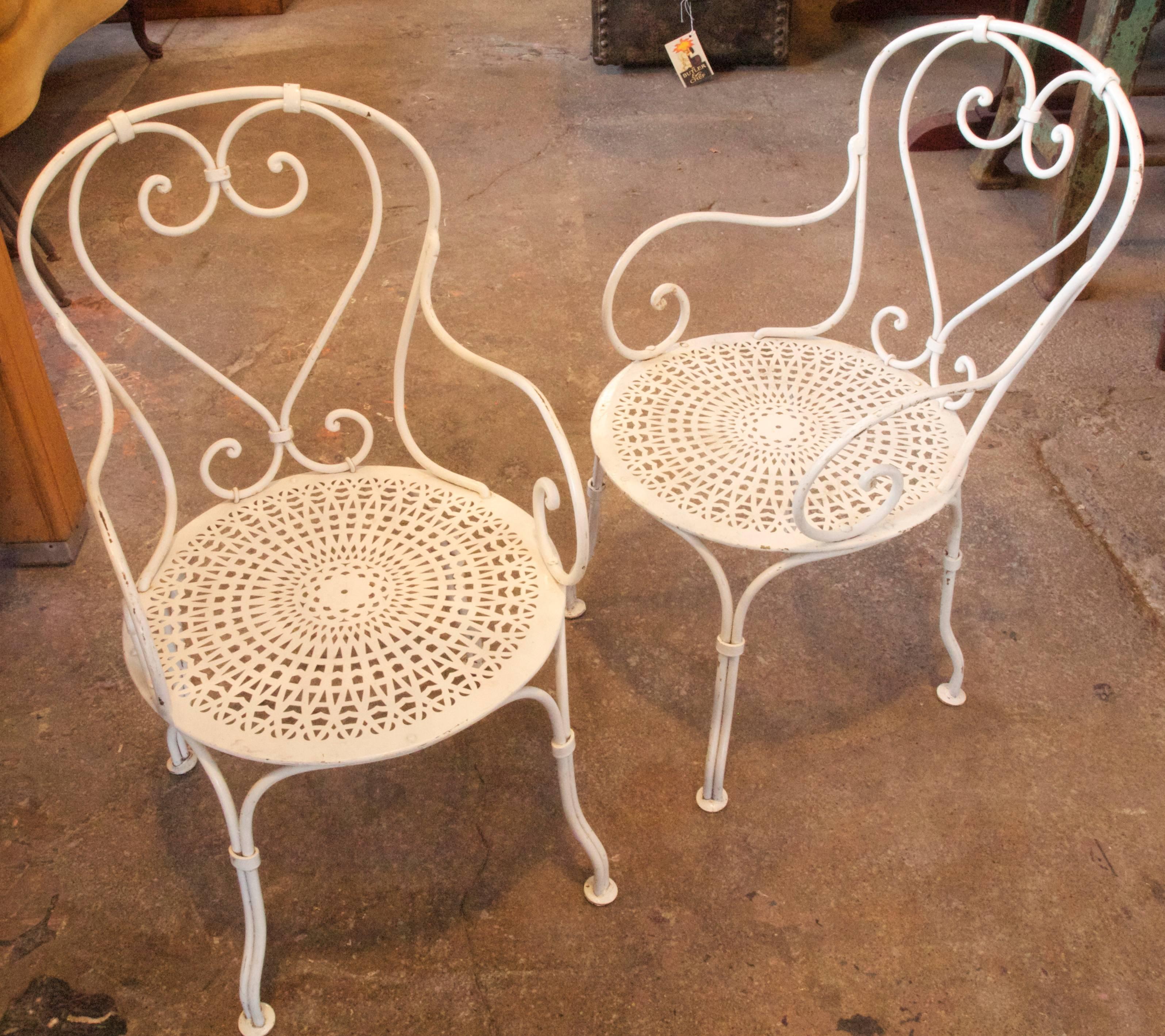 Very nice pair of white painted iron & metal garden armchairs of small size 