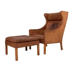 Leather Wingback Chair with Foot Stool by Børge Mogensen