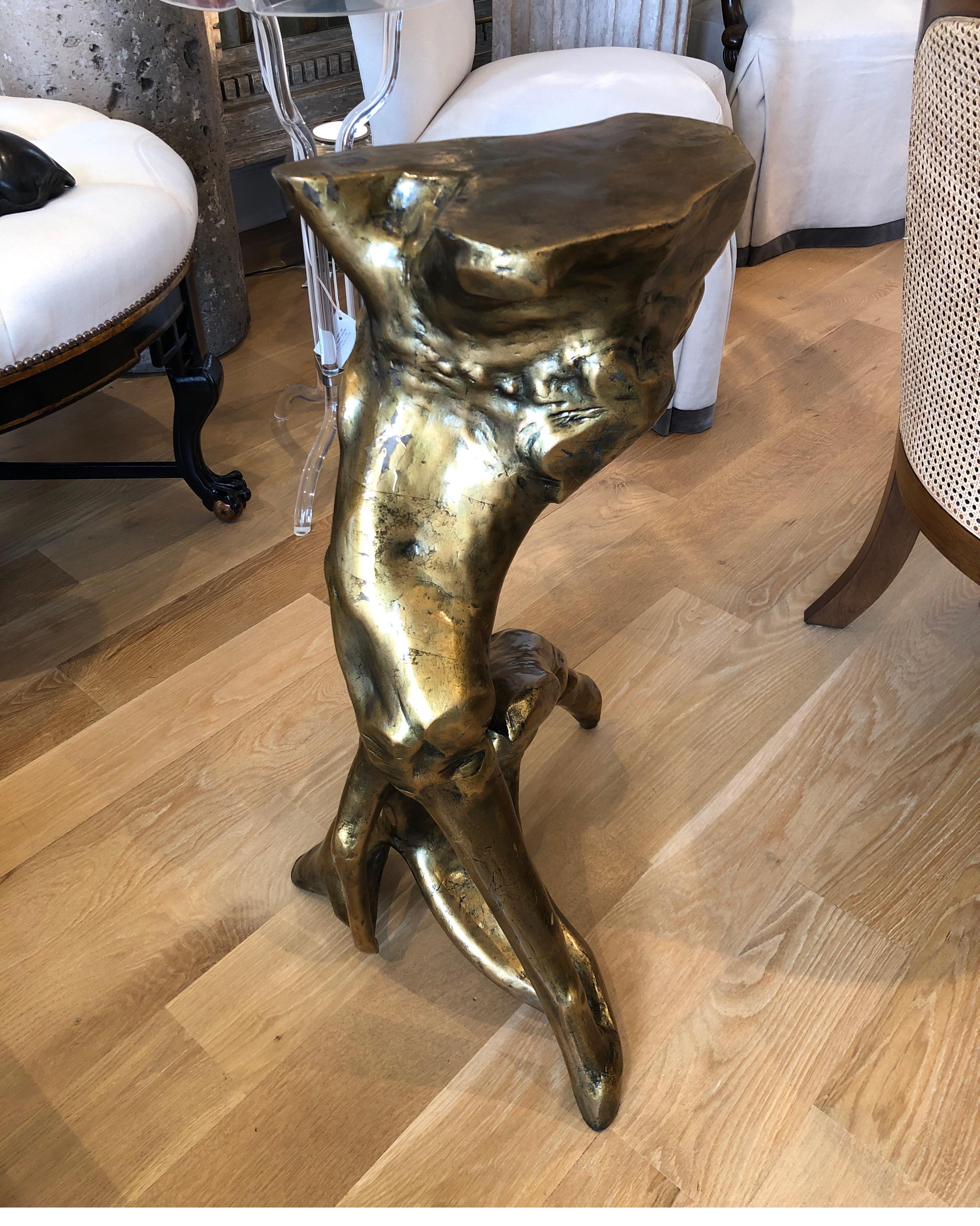 Unique large size gold tree root side table/bench.
Finished in lacquered gold gild. Solid and sturdy.

Measures 30