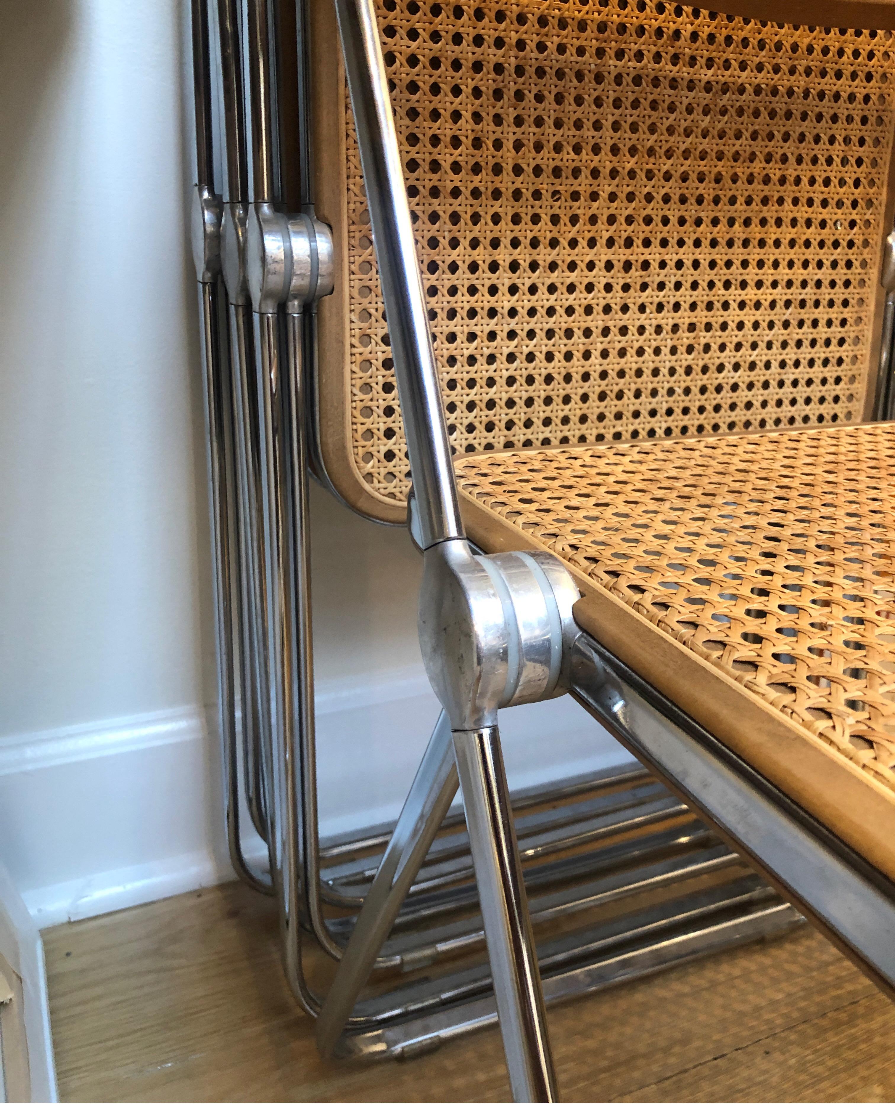 Metal Set of Four Plia Cane and Walnut Chairs by Giancarlo Piretti for Castelli