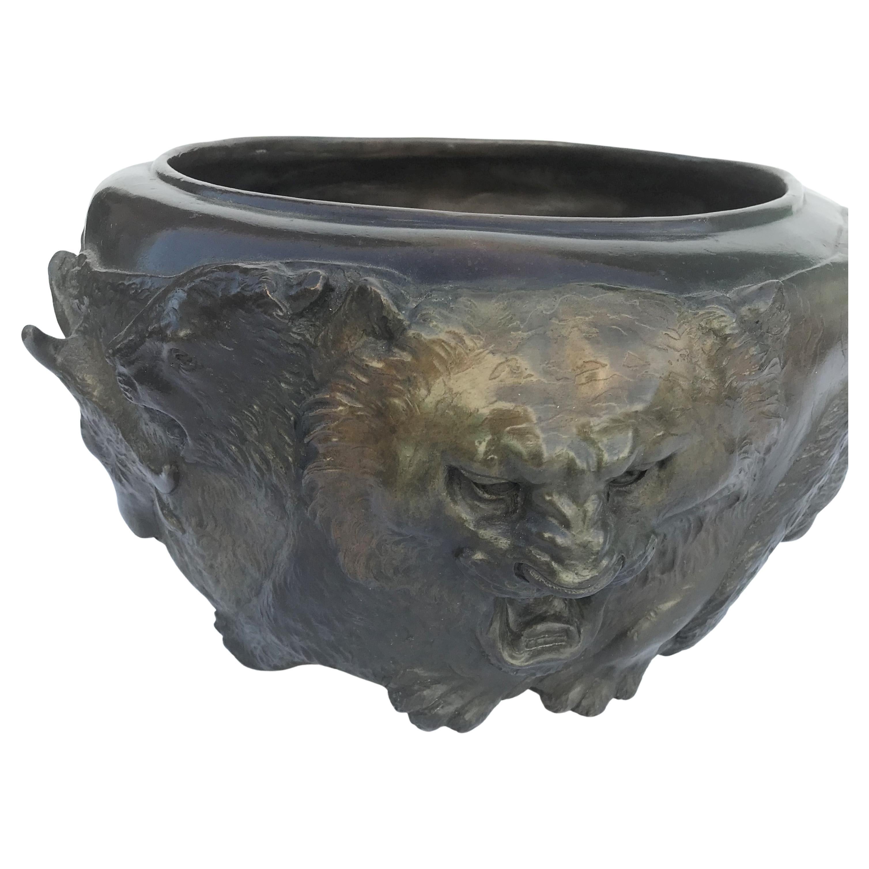 Animal Bowl Bronze Cast Multi-Patina from Original Japanese Lion Face For Sale