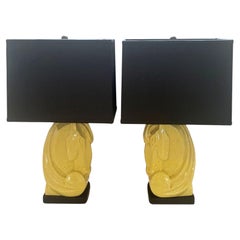 Pair of Vintage Ceramic Rare Deco Style Horse Heads Table Lamps with Silk Shade