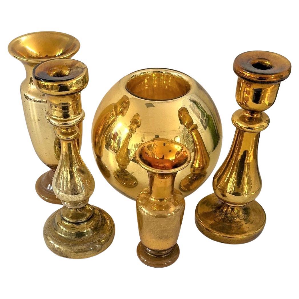 Gold Mercury Glass Candlesticks and Flower Bowls For Sale
