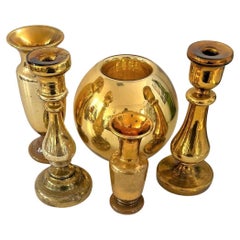 Antique Gold Mercury Glass Candlesticks and Flower Bowls