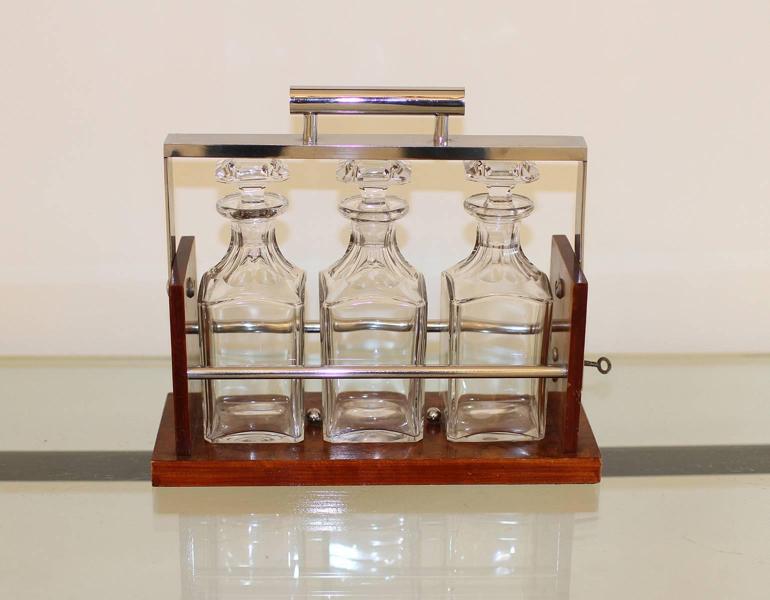 Chrome French Art Deco Tantalus Decanter Set Attributed to ADNET, 1930