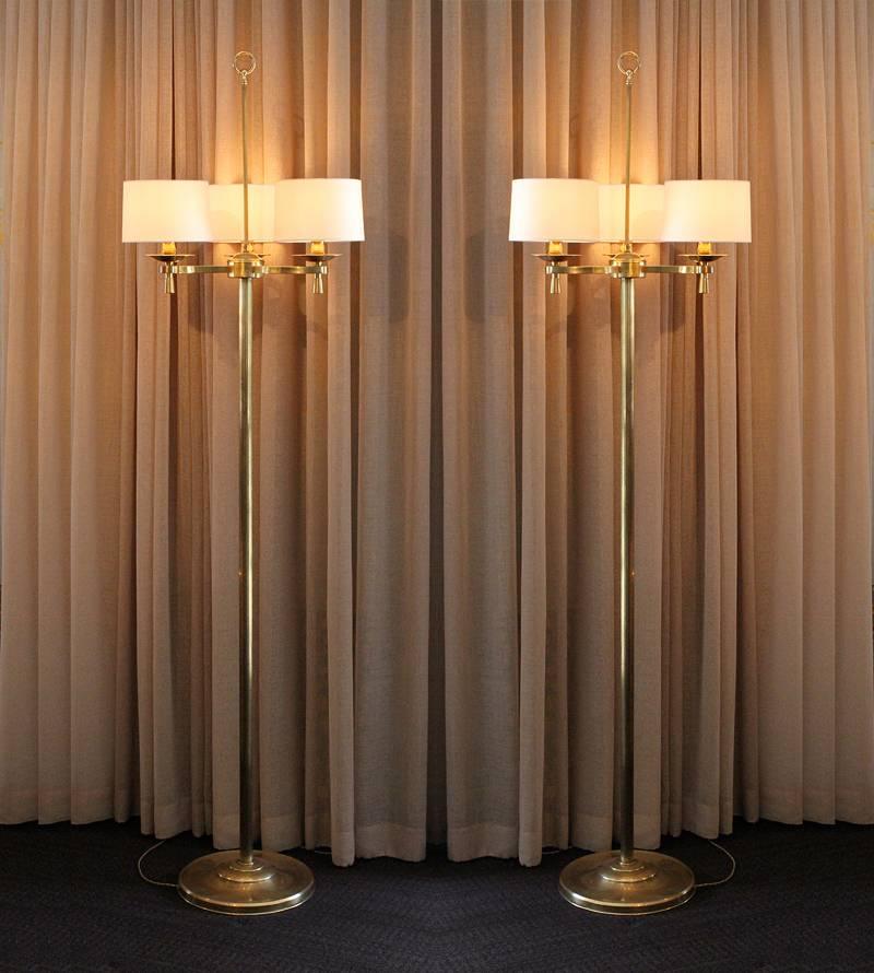Prince de Galles, Paris, circa 1940, Art Deco floor lamps
chic pair of Art Deco floor lamps from the prestigious Prince de Galles Hotel in Paris, France. 

The lamps have been rewired for US electrical sockets and are fitted with new linen and