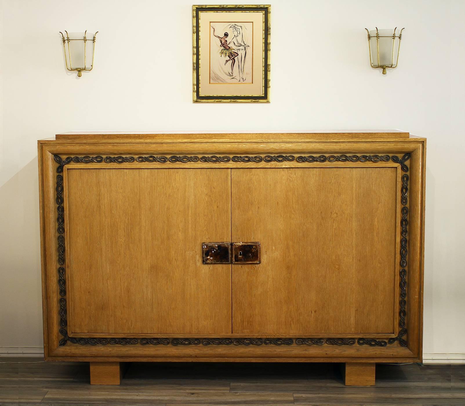 Ceramic Jacques Adnet & Maurice Savin Oak Cabinet, 1940s